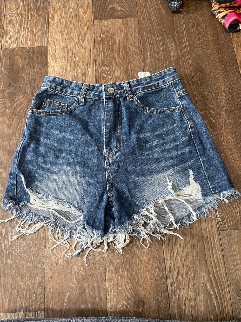SHEIN Distressed High-Waist Blue Denim Shorts with Frayed Hem